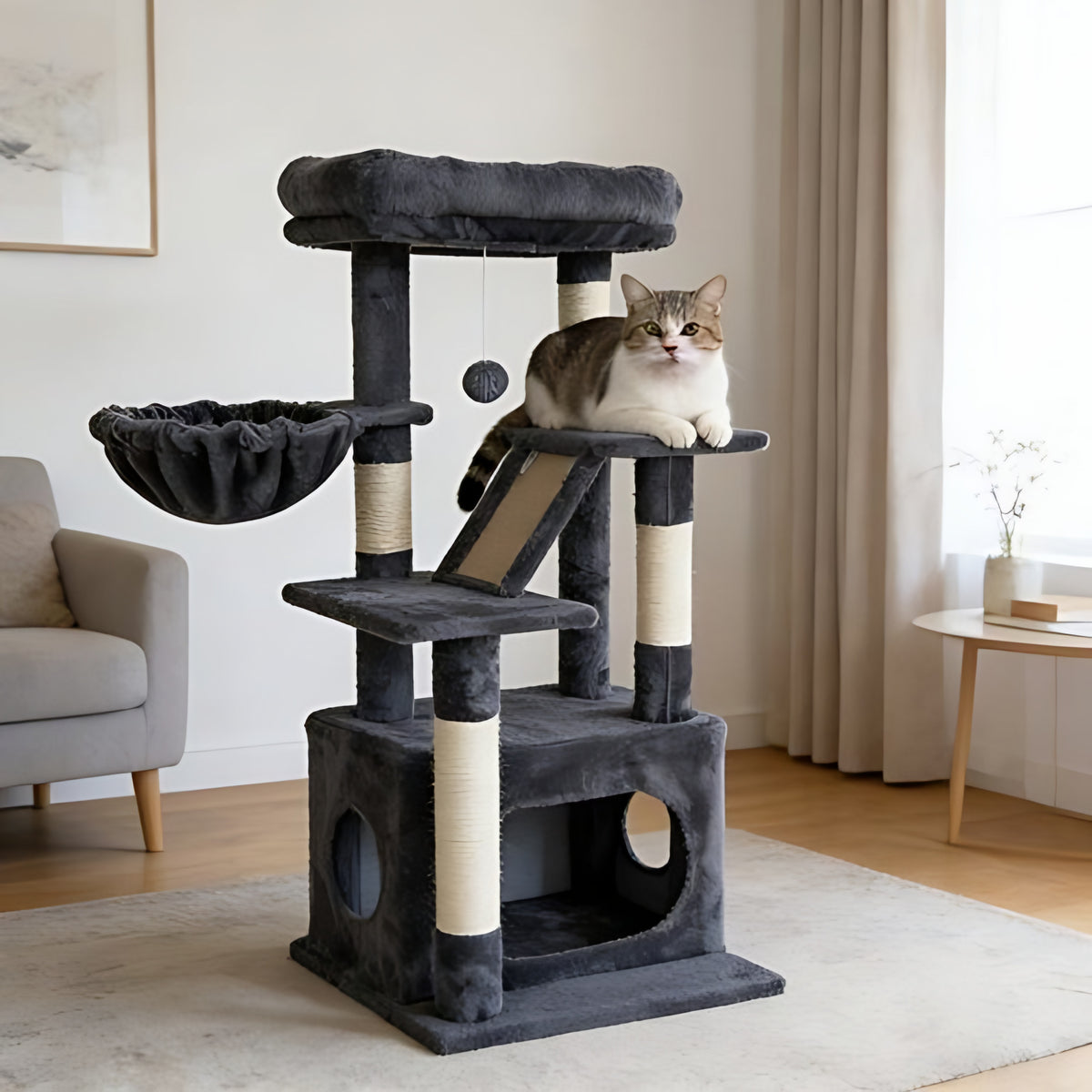 Multi-Level Cat Tree Tower – 5 Levels with Condo & Hammock