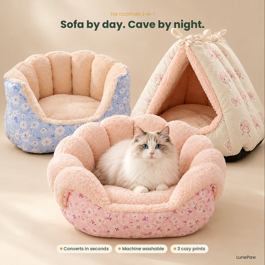 CozyPurr 2-in-1 cat sofa bed and tent cave in three prints with a Ragdoll cat