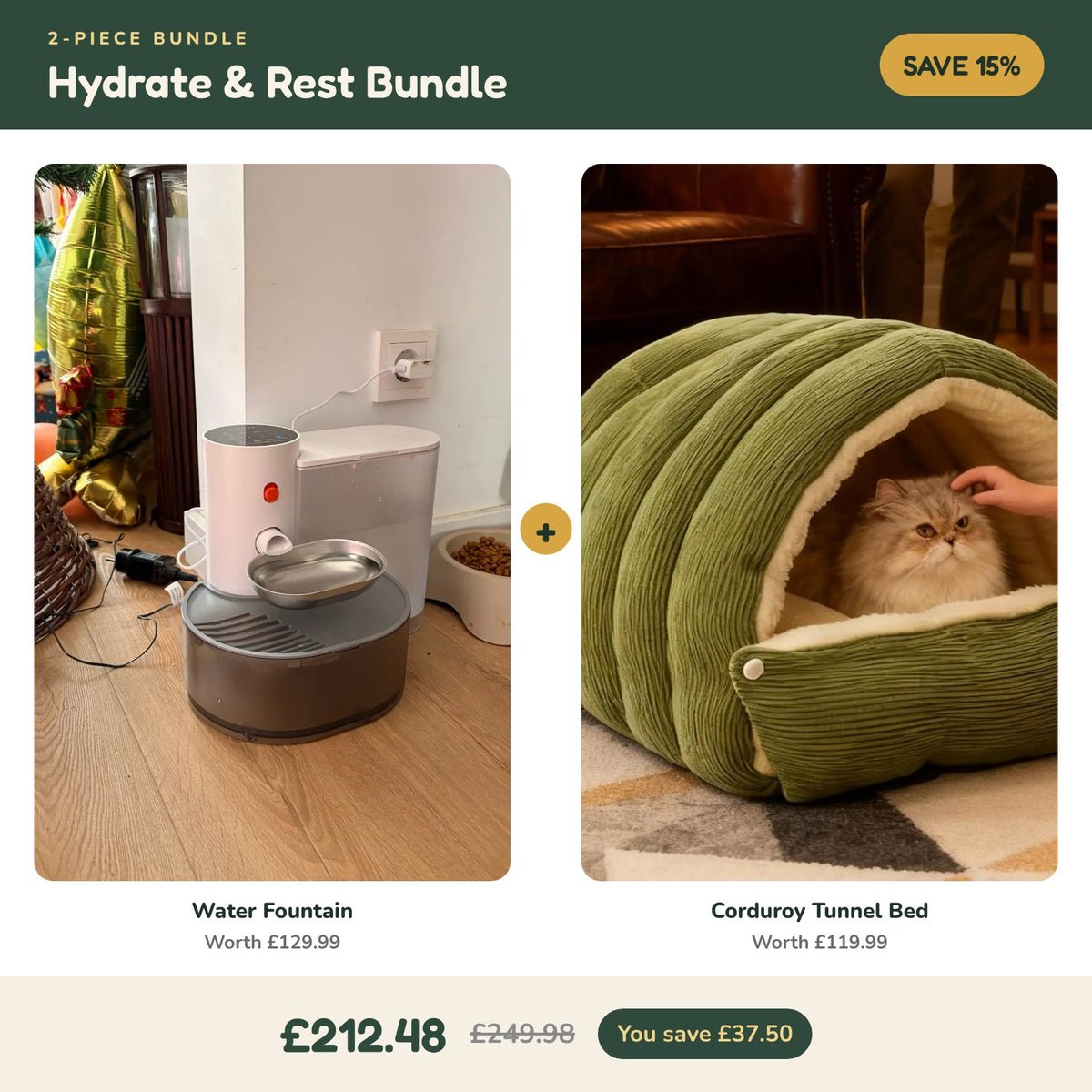 Hydrate & Rest Bundle – 2-piece set: water fountain and corduroy tunnel bed