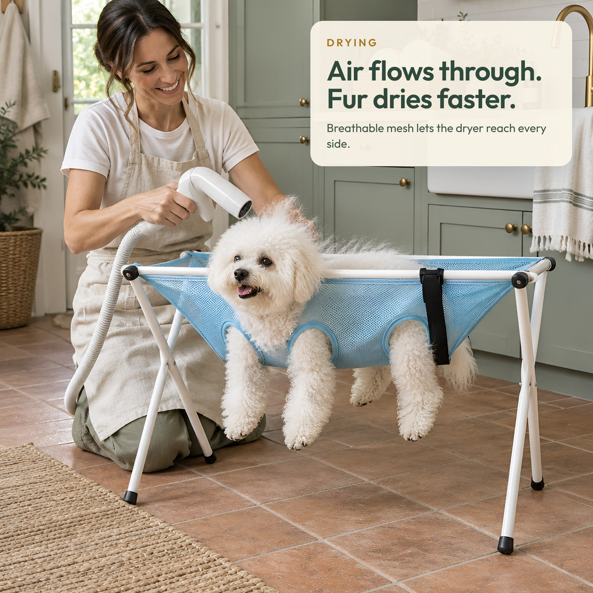 Drying a dog on the PawHammock bath stand
