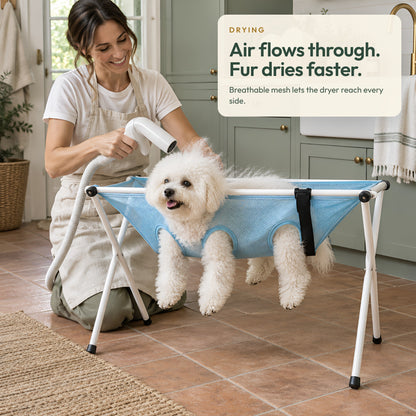 Drying a dog on the PawHammock bath stand