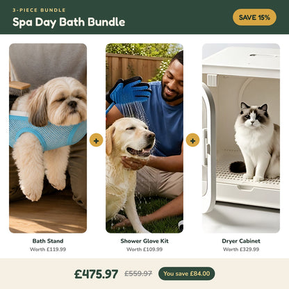 Spa Day Bath Bundle – 3-piece set: bath stand, shower glove kit, dryer cabinet