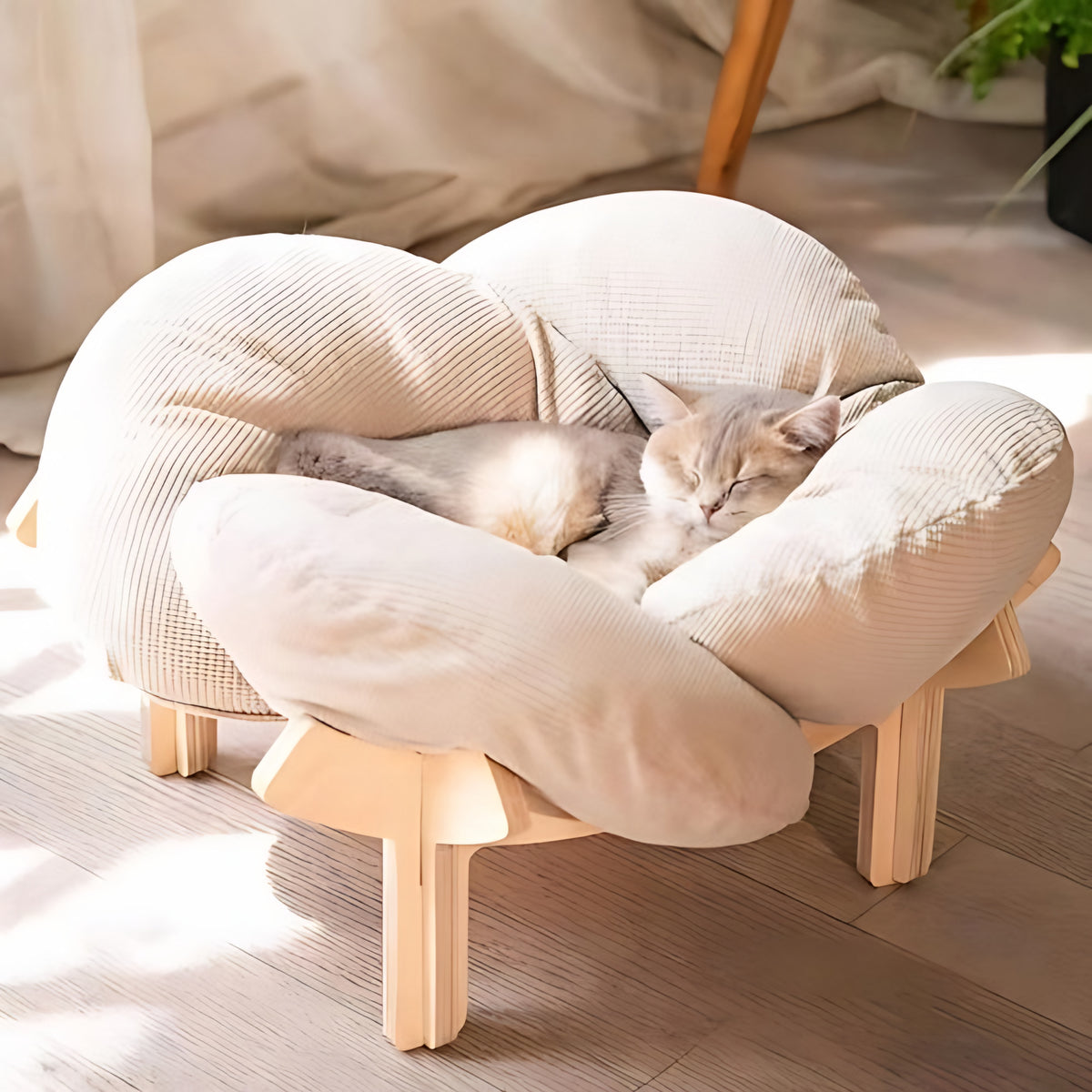 Elevated Wooden Cat Bed – Japandi Petal Lounger